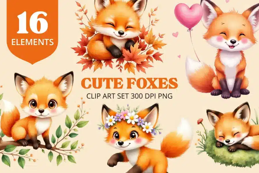 Cute Foxes Clip Art Set - Digital Download Png Graphics With Adorable Fox Characters