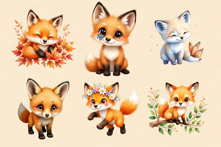 Six Adorable Cartoon Fox Cubs In Various Poses, Some With Autumn Leaves And Flowers.