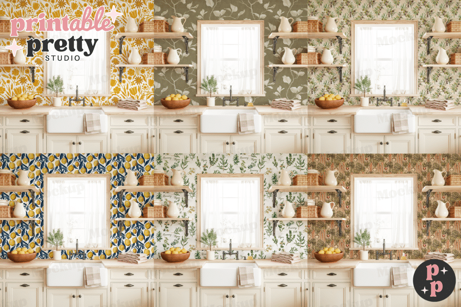 Kitchen With White Cabinets And Patterned Backsplash Featuring Lemons, Herbs, And Flowers.