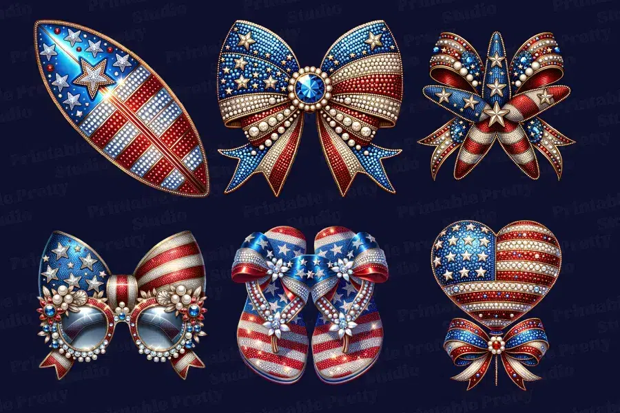 Six Jeweled, Patriotic Items: A Surfboard, Bow, Starburst, Sunglasses, Flip-Flops, And Heart.  All Are Decorated In Red, White, And Blue With Rhinestones.