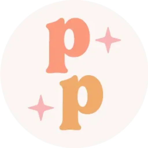Logo with two stylized pastel-colored Ps and small pink stars.