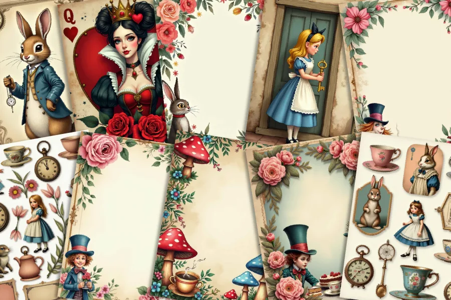 Alice In Wonderland Themed Collage Featuring Alice, The Queen Of Hearts, The White Rabbit, And The Mad Hatter, With Decorative Floral Borders And Blank Frames.