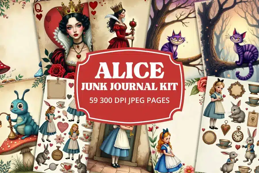 Alice Junk Journal Kit - Printable Jpg Pages With Whimsical Illustrations