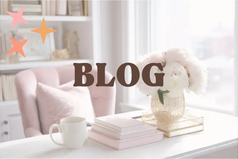 Printable Craft Supplies | Blog Header Image Featuring A White Mug, Stack Of Pink Books, And A Vase Of White Peonies On A Desk.