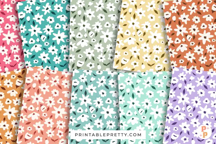 A Collection Of Floral Patterns With White Flowers And Dark Green Leaves On Various Pastel And Earth-Toned Backgrounds.