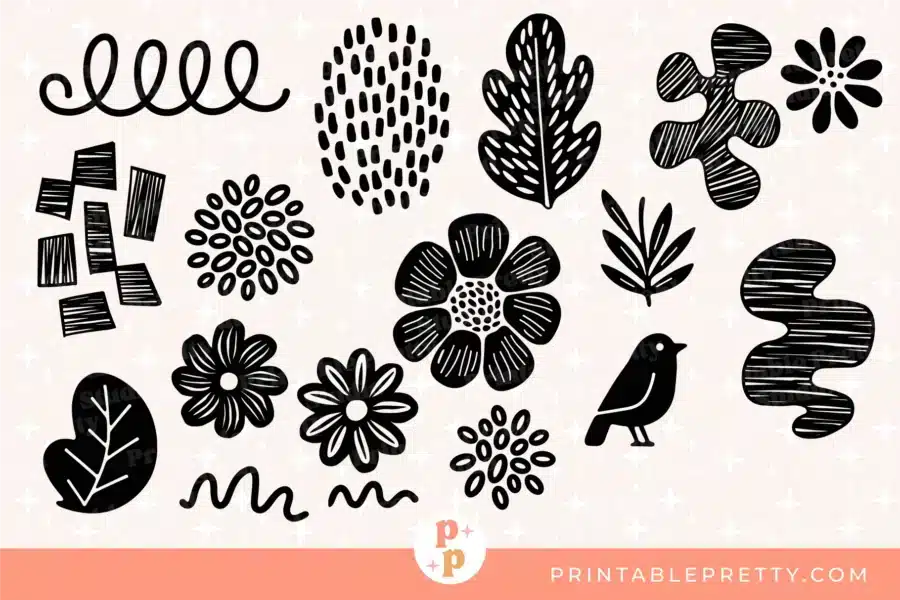 A Collection Of Black And White Graphic Elements On A Pale Pink Background With Scattered Star Shapes. The Elements Include Abstract Shapes, Stylized Flowers, Leaves, A Bird, And Wavy Lines.