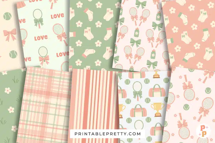 Collage Of Seamless Patterns With A Pastel Color Palette And A Tennis Theme, Featuring Tennis Rackets With Bows, Tennis Balls, Gym Bags, Trophies, Socks, Flowers, And Plaid Designs.