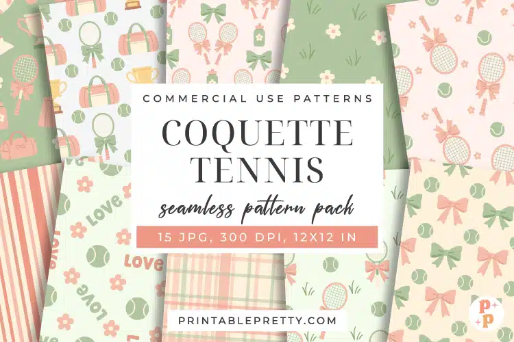 Coquette Tennis Digital Paper – 15 Seamless 12X12 Inch Jpeg Files Featuring Patterns Of Ribboned Tennis Rackets, Balls, Trophies, Strawberries, And Plaid In Soft Pink And Sage Green.