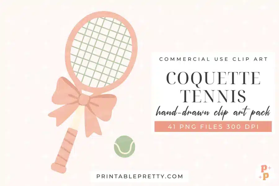 A Pale Peach Tennis Racket With A Green Grid Pattern And A Matching Bow Sits Next To A Tennis Ball On A Light Pink Background With A Subtle Star Pattern. Text Reads &Quot;Coquette Tennis Hand-Drawn Clip Art Pack 41 Png Files 300 Dpi&Quot;.