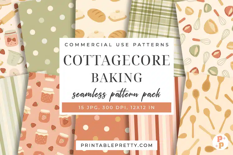 Cottagecore Digital Paper – 15 Seamless 12X12 Inch Jpeg Files Featuring Rustic Baking Illustrations Of Pies, Bread, And Jam Jars Alongside Sage Green Plaid And Polka Dot Patterns.