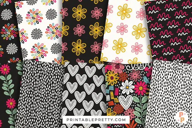 Collage Of Several Patterns With A Whimsical, Hand-Drawn Style. Patterns Include Colorful Abstract Floral Shapes, Yellow And Pink Outline Flowers On Black And White Backgrounds, White Hearts With Black Dots On Black, Black And White Irregular Dashes, And A Vibrant Floral Arrangement With A Small Blue Bird.