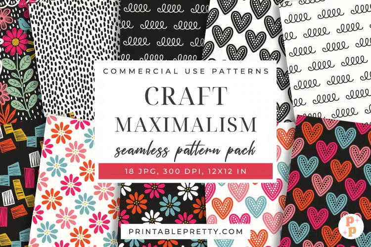 Maximalist Digital Paper – 18 Seamless 12X12 Inch Jpeg Files Featuring Bold Hand-Drawn Doodles Of Hearts, Flowers, And Geometric Shapes In Bright Colors On Black.