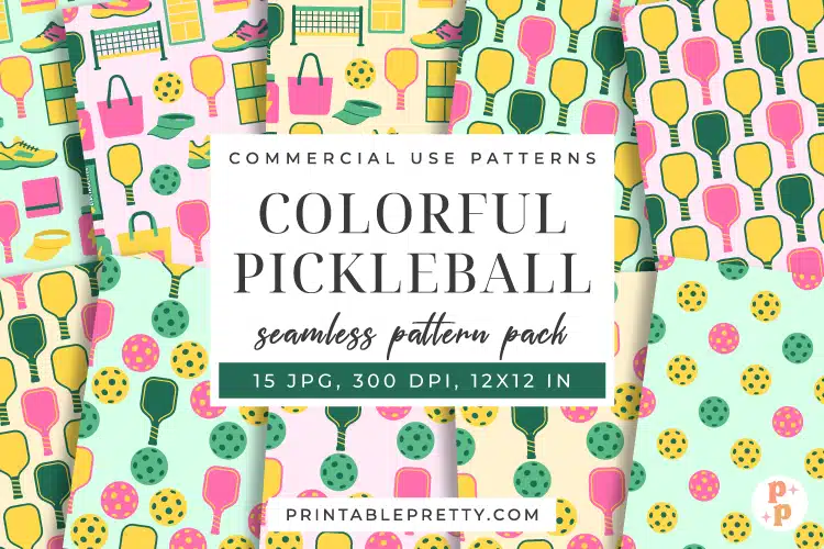 A Collage Of Colorful, Seamless Pickleball Pattern Designs Featuring Picklebpickleball Digital Paper – Seamless 12X12 Inch Jpeg Patterns Featuring Preppy Pink And Green Illustrations Of Pickleball Paddles, Wiffle Balls, And Sneakers.