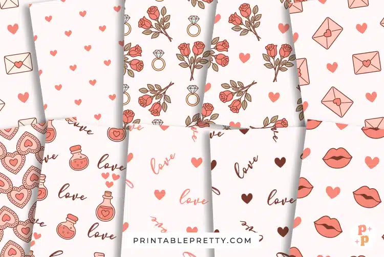 A Collage Of Valentine'S Day Themed Patterns Featuring Small Hearts, Bouquets Of Roses With Rings, Envelopes, Lips, Potion Bottles, And The Word &Quot;Love&Quot; In Script.