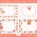Free Printable Valentine Cards – A set of 12 blank 5x3.5 inch note cards featuring cute illustrations of teddy bears, roses, conversation hearts, and cupcakes in pink and cream.