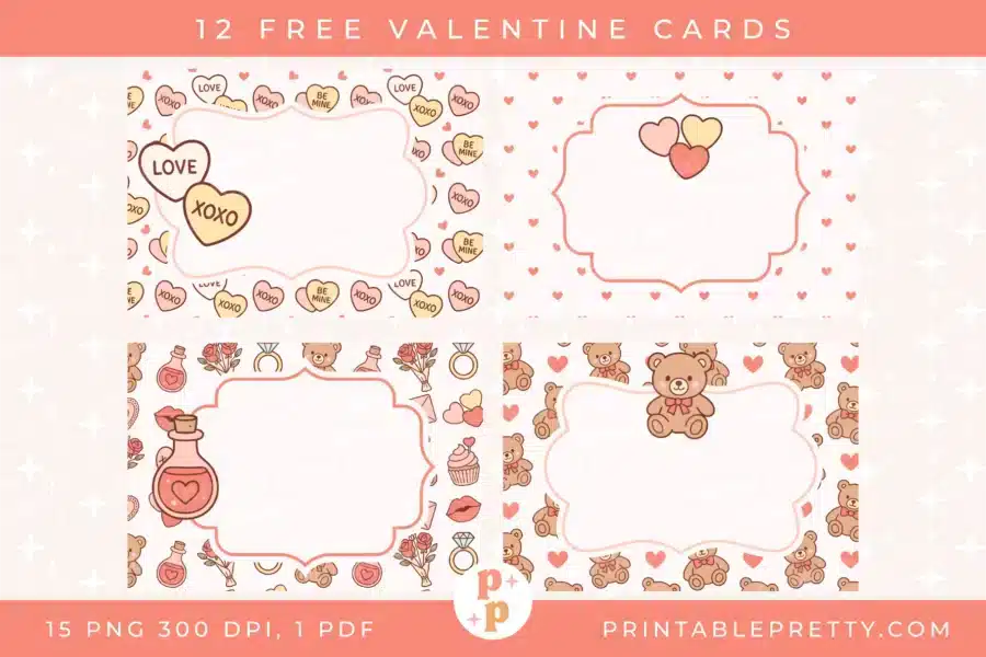 Free Printable Valentine Cards – A Set Of 12 Blank 5X3.5 Inch Note Cards Featuring Cute Illustrations Of Teddy Bears, Roses, Conversation Hearts, And Cupcakes In Pink And Cream.