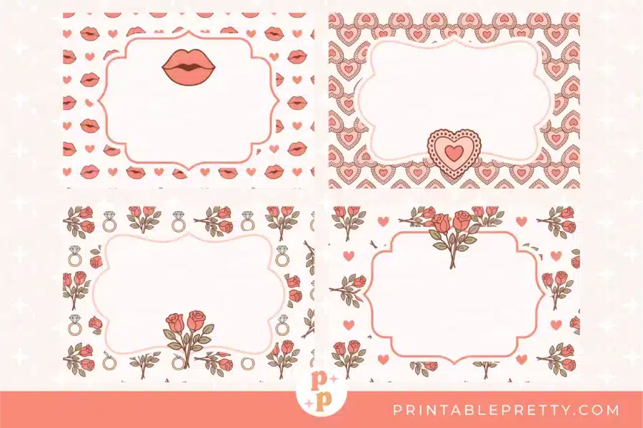 Four Blank, Decorative Frames With Pink And Coral Accents On A Pale Pink Background. The Top Left Frame Has A Pattern Of Lips And Hearts And A Large Pair Of Lips At The Top. The Top Right Frame Has A Pattern Of Hearts And A Heart Embellishment At The Bottom. The Bottom Left And Bottom Right Frames Have Patterns Of Roses And Engagement Rings, With Rose Bouquets Framing The Top And Bottom Of The Frames Respectively.