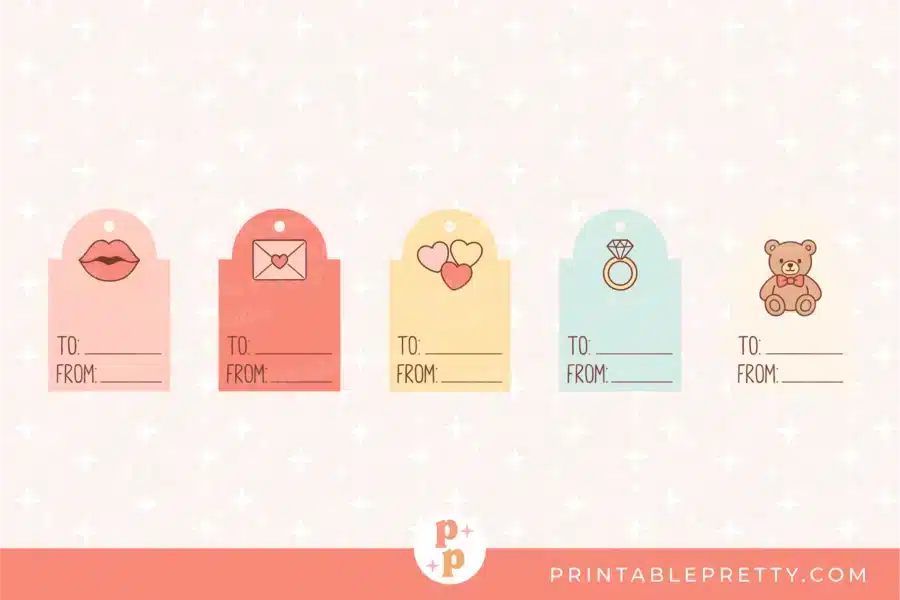 Five Gift Tags With Pastel Backgrounds And Star Patterns. Each Tag Features A Different Icon And Space To Write To And From. The Icons Are A Pair Of Lips, An Envelope With A Heart, Three Hearts, A Diamond Ring, And A Teddy Bear.
