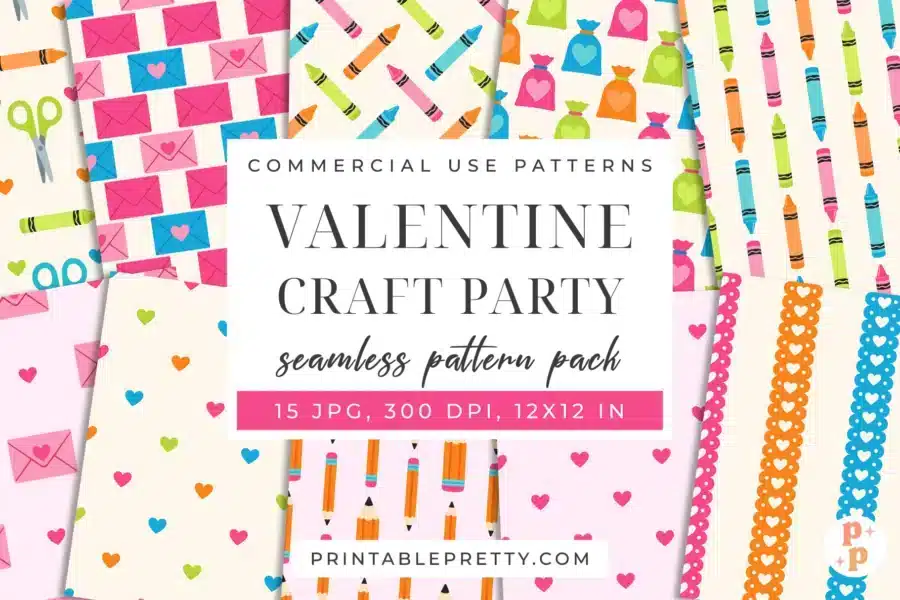 Valentine Craft Party Digital Paper – Seamless 12X12 Inch Jpeg Patterns Featuring Bright School Supplies Like Crayons, Scissors, Glue, And Heart-Filled Treat Bags In Lime Green, Pink, And Orange.