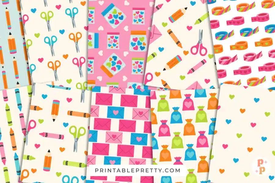 A Collage Of Various Cute, Colorful, Flat Design Patterns For Crafting And Scrapbooking. The Patterns Feature Repeating Motifs Of Pencils, Crayons, Scissors, Jars Filled With Hearts, Envelopes, Small Gift Bags, And Heart Shapes.