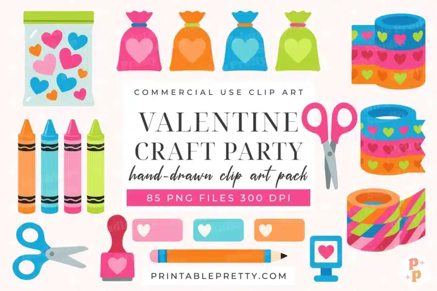 Valentine Craft Party Clipart – A Collection Of 85 Bright And Colorful Illustrations Featuring School Supplies Like Glue Sticks, Scissors, Crayons, Treat Bags, And Heart Stickers In Lime Green, Pink, And Orange.
