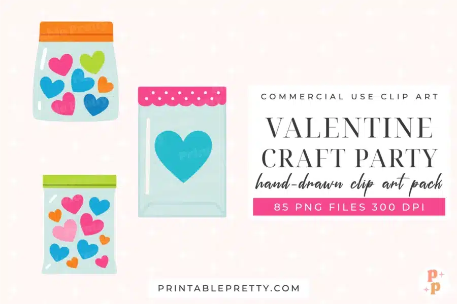 Three Cartoon Jars Filled With Colorful Hearts, Next To Text Advertising A Valentine Craft Party Hand-Drawn Clip Art Pack.